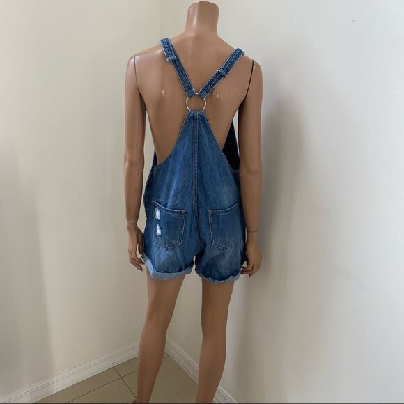 Mango Medium Wash Blue Denim Distressed Overalls M - Picture 7 of 10